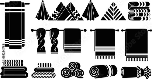 Towel vector silhouette set, various folded, rolled, and hanging bathroom linen icons, soft terry cloth textile for home, spa, or hotel graphic design isolated.