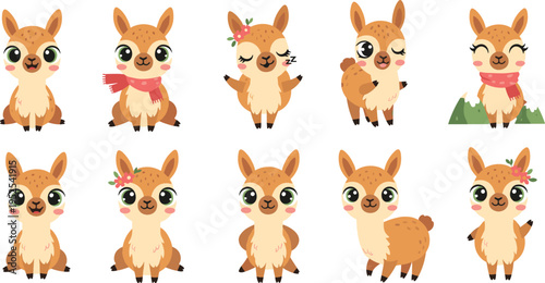 Cute llama alpaca cartoon collection with different poses and accessories adorable farm animals kawaii vector illustration set