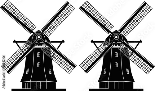 Traditional Dutch Windmill Black Silhouette Vector Set, Historic European Mill Building Icon, Rotating Sail Structure Landmark Emblem, Netherlands Cultural Heritage Graphic Element, Isolated on White.