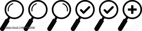 Magnifying glass search icons set with check and plus symbols, zoom interface elements, black solid vector design for find, verify and add actions isolated
