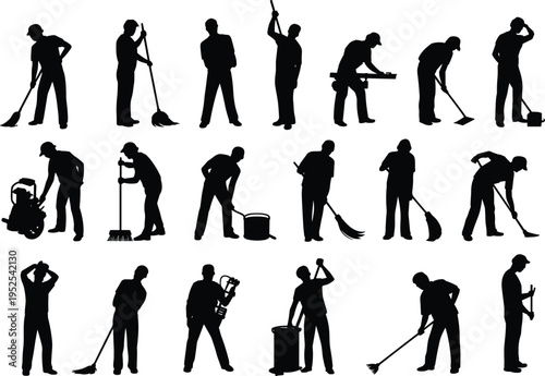 Cleaning worker silhouettes collection with brooms, mops and tools, janitors performing sanitation, sweeping and maintenance tasks vector illustration isolated on white background