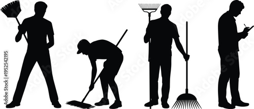 Cleaning worker silhouettes holding broom rake and tools, sanitation labor poses set, maintenance staff vector illustration, daily cleaning activities concept, service workforce theme