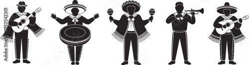 Traditional mariachi band performing with guitar, trumpet, maracas, and sombrero hats in Mexican folk music celebration vector illustration for cultural festival design