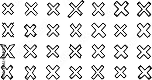 Hand-Drawn X Mark and Cross Symbols Collection. Doodle Black and White Line Art Icons for Digital Design, UI, Error, Close, Delete.