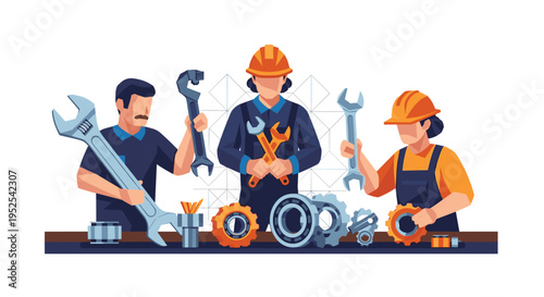 Three mechanics are working with wrenches, spanners, and gears on a table in an industrial setting.