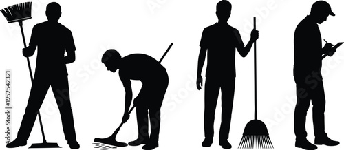 Cleaning worker silhouettes with broom rake and shovel, sanitation labor poses set, maintenance staff vector illustration, daily work activities concept, industrial service theme