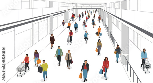 Crowded shopping mall interior with diverse shoppers and carts, architectural sketch style.