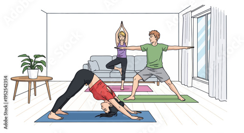 Diverse group practicing yoga at home, promoting wellness and flexibility in a modern living room.