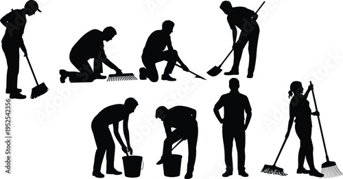 Cleaning worker silhouettes set, janitors sweeping raking digging carrying buckets and tools, maintenance sanitation workforce concept vector illustration isolated on white background