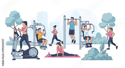 Outdoor Fitness Park: People Exercising on Gym Equipment in City Park