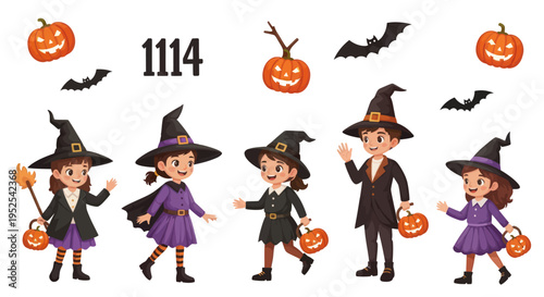 Happy Halloween Kids in Costumes with Pumpkins and Bats - Vector Illustration