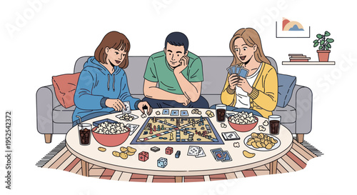 Friends playing board game on couch with popcorn and drinks, casual home entertainment