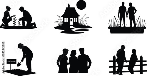 Community and nature silhouettes set, people planting trees, rural house landscape, teamwork and gardening activities, eco lifestyle vector illustration collection