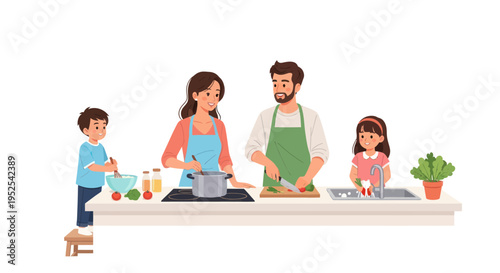 Happy Family Cooking Together in Modern Kitchen, Healthy Food Preparation
