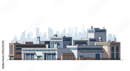 Modern Industrial Factory Buildings with City Skyline Background, Flat Design