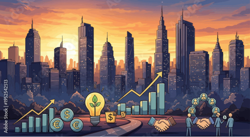 Cityscape Skyline with Financial Growth Symbols and Business Collaboration