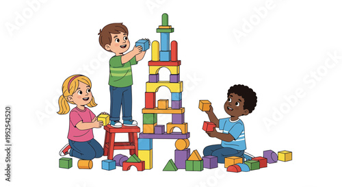 Diverse children building tall colorful block tower, learning and playing together