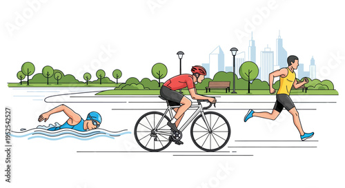 Triathlon training: Swimming, cycling, and running in a park with city skyline background.