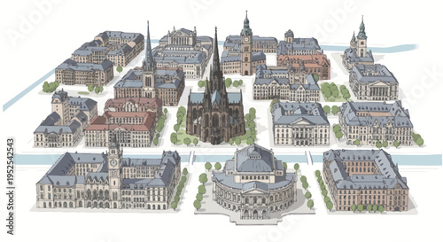 Ornate European Cityscape with Cathedral and Opera House, Isometric View