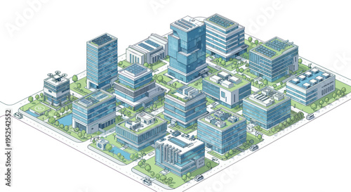 Isometric Cityscape with Modern Sustainable Buildings and Green Spaces