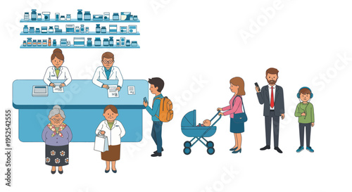 Diverse people queue at pharmacy counter with pharmacists, medical supplies on shelves