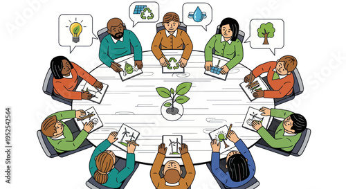 Diverse team brainstorming sustainable solutions around a table with eco-friendly icons