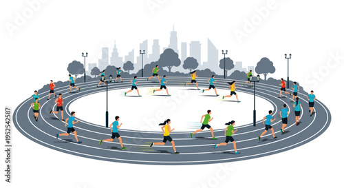 Diverse runners on circular track with city skyline background, marathon race concept