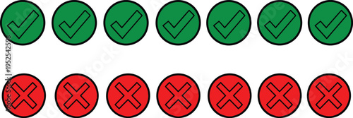 Green check mark and red cross icon set in rows, approval and rejection symbols, decision making concept, validation feedback interface design, rating or selection indicators