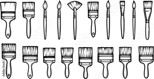 Art Painting Brushes Line Art Vector Set. Black and White Outline Collection of Artist Tools for Creative Hobbies, DIY, and Craft Projects.