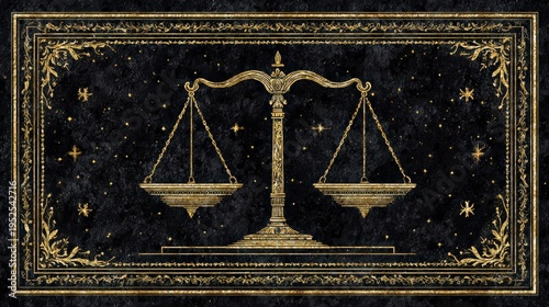 Libra tarot style illustration featuring a golden balance scale against a starry black background, ornate border design, and mystical aesthetic elements