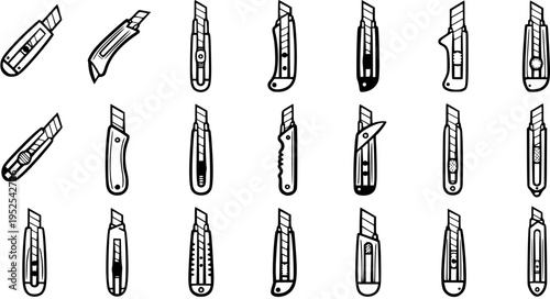 Tools, DIY  Craft Industry Black and White Line Art Icons Set. Utility Knives, Box Cutters, Retractable Blade Knives and Craft Knives Glyph Collection.