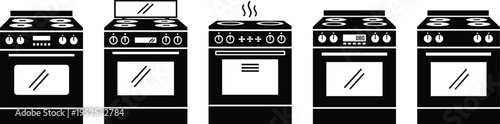 Kitchen stove and oven icon set, cooking appliance silhouettes collection, modern kitchen equipment symbols, black solid vector design isolated on white background for home use