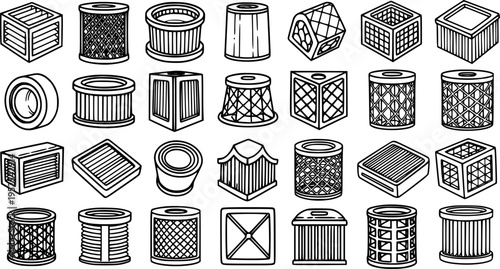Industrial and Automotive Filters Black and White Line Art Vector Icons. Collection of Air, Oil, Fuel, and HVAC Filtration Elements.