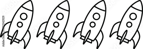 Rocket icon set collection, spaceship launch symbols, startup growth concept, minimalist line design, modern vector illustration for business innovation and space exploration themes