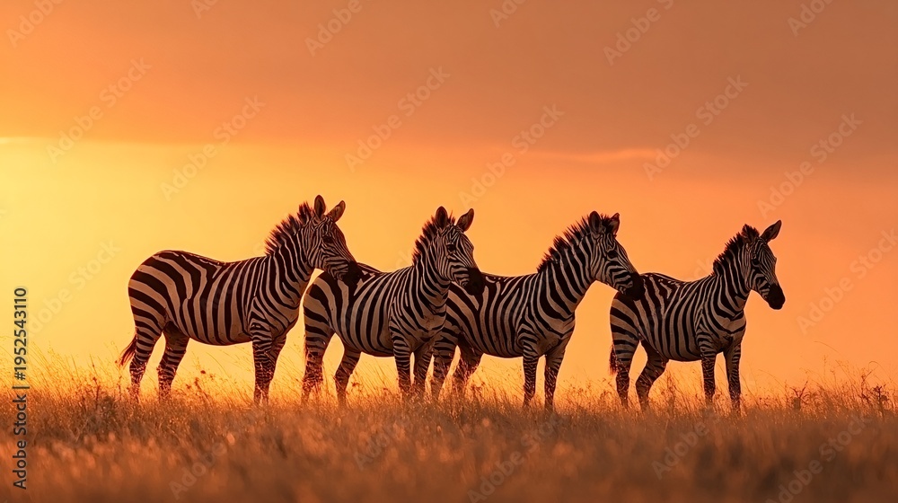 Fototapeta premium Zebras stand in line on the african savanna, backlit by a warm golden hour sunset, creating a peaceful, silhouette rich scene of wildlife and serene natural landscape