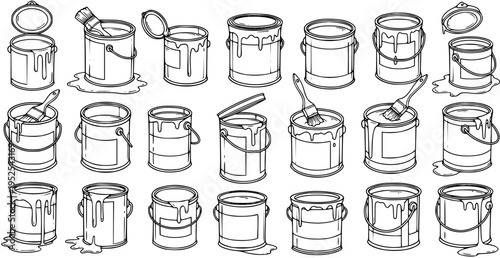 Black and White Line Art Collection of Various Paint Cans and Brushes for Home Improvement, Construction, and DIY Projects