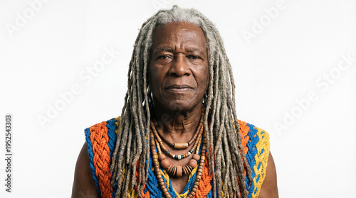 Elder man with long gray hair wears colorful clothes and poses against a plain background in a bright studio space