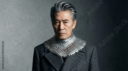 Model poses in studio wearing silver neckpiece and dark coat during fashion shoot for collection promotion in modern setting