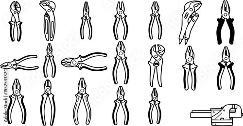 Black and White Line Art Icons of Various Pliers and Tools for Construction and DIY
