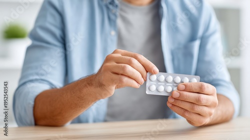 Male holding a blister pack of white pills in one hand while sitting at a wooden table with a soft-focus background of greenery and indoor decor
