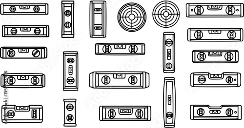Black and White Line Art of Various Spirit Levels and Bubble Levels for Construction
