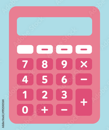 A simple pink calculator with white numbers and symbols on a light blue background, featuring basic arithmetic functions for everyday use.