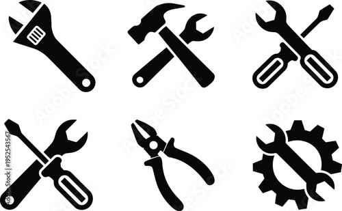 Construction and repair tool icon collection featuring wrench, hammer, screwdriver, pliers, and gear symbols, perfect for mechanical work, DIY projects, maintenance, and industrial design purposes.Con
