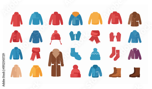Winter wardrobe icon set vector with clothing collection isolated on white background
