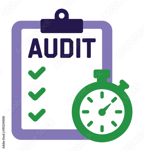 A graphic illustration depicting a purple clipboard with 'AUDIT' and checkmarks, alongside a green stopwatch, symbolizing timely review and compliance.