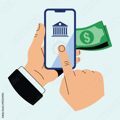 A person's hands interacting with a smartphone displaying a bank icon, with dollar bills in the background, representing mobile banking and online financial transactions.
