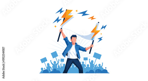 A man in a blue shirt raises two lightning bolt flags above a protesting crowd.