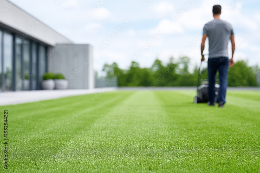 Obraz premium Man mowing a well-maintained green lawn with a lawnmower in a residential backyard, featuring a modern house and landscaped greenery in the background under a clear blue sky