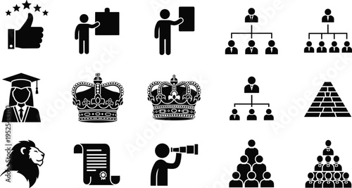 Business Leadership and Success Icon Set Featuring Corporate Hierarchy, Achievement Awards, Graduation, Royal Crowns, Lion Head, and Strategic Vision Symbols
