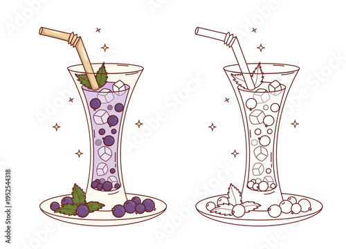 Purple Berry Drink with Ice Cubes and Mint Leaves set. Coloring page. Color and Outline Seasonal Refreshing Cocktail in glass and straw with Berries Blackcurrant on Saucer. Vector Illustration
